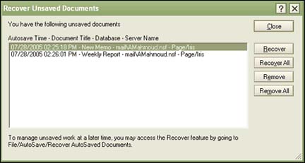 Recover Unsaved Documents window