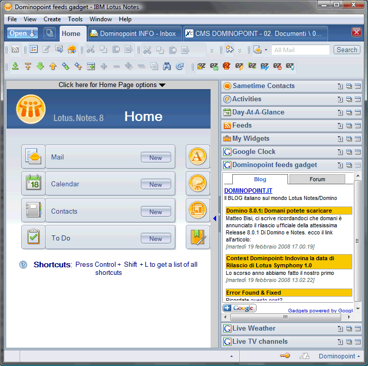Image:Lotus Notes 8.0.1: primi gadget!