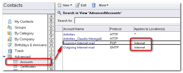 Image:Configurazione Account POP3 e SMTP su Notes